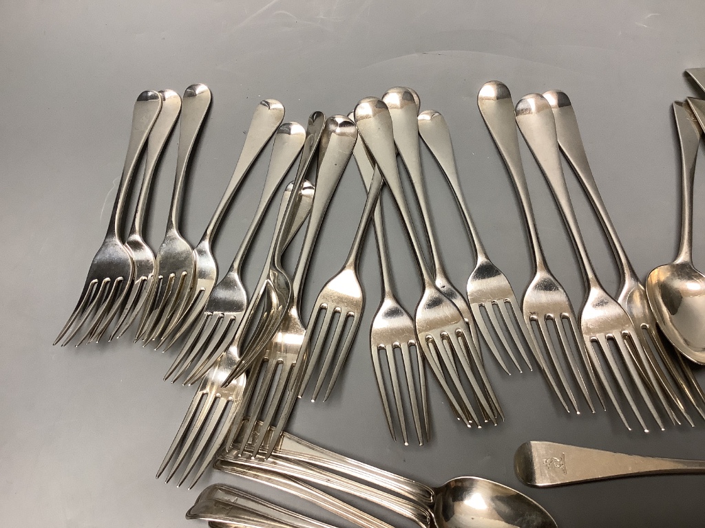 Thirty six items of 18th & 19th century silver Old English, Old English thread and Hanovarian flatware, various dates and makers (worn tines)